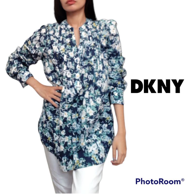 DKNY V-Neck Blouse In Navy Floral
