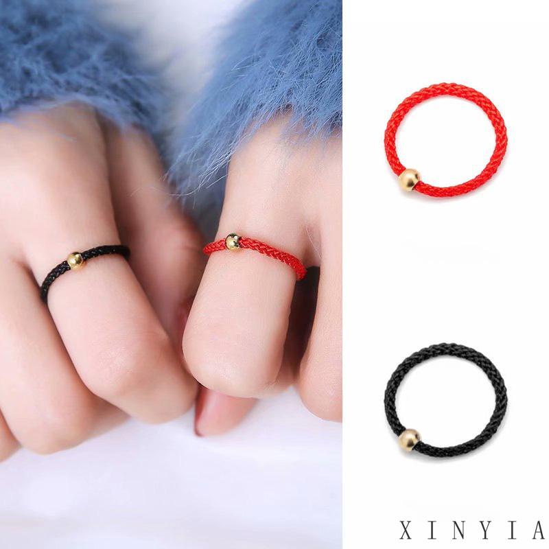Xia.id Cincin Tali Merah / Hitam Aksen Manik-Manik Emas Untuk Pasangan / Pria / Wanita