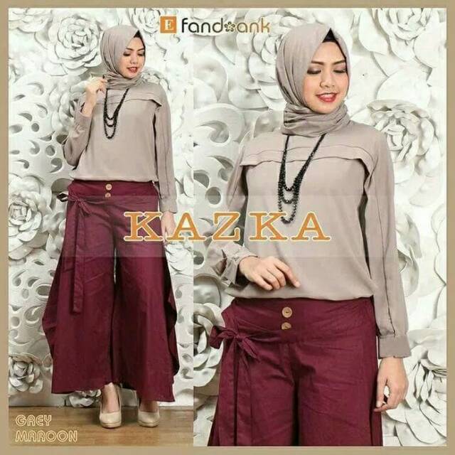 Setelan Muslim Wanita Kazka 3in1 Baju Lebaran Warna Abu Abu Maroon