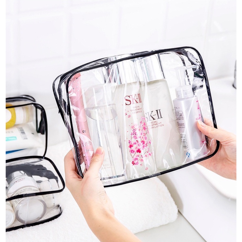 Dompet Kosmetik Tas Transparan Pouch bahan PVC Tahan Air Black Shine Premium