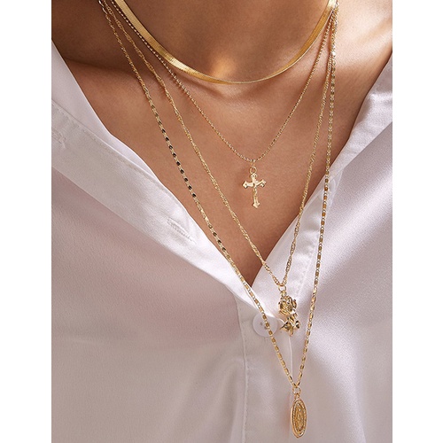 LRC Kalung Fashion Golden Rose Alloy Cross Multilayer Necklace K82329