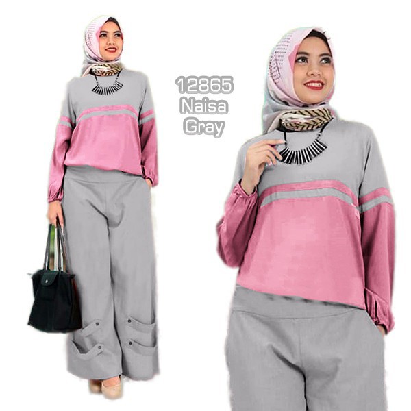 BAJU MUSLIM GAMIS SYARI SETELAN MURAH NAISA GRAY 12865