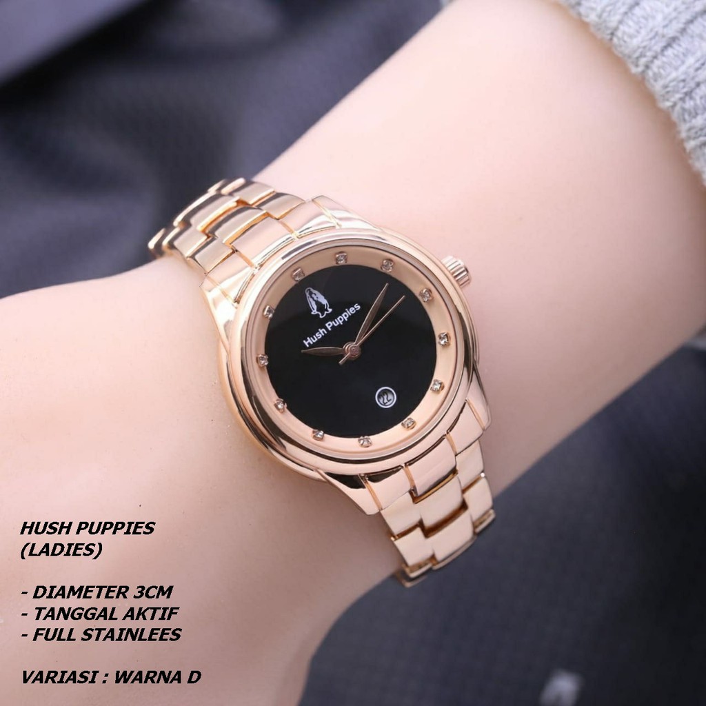 ( BISA COD ) JAM TANGAN WANITA HUSH PUPPIES RANTAI BODY BULAT TANGGAL AKTIF