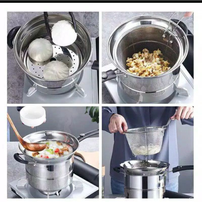 (PROMO) Panci Cooking Pot 3in1/ Deep Fryer / Panci Serbaguna / Panci KUKUS,GORENG,REBUS / Panci Tutup Kaca