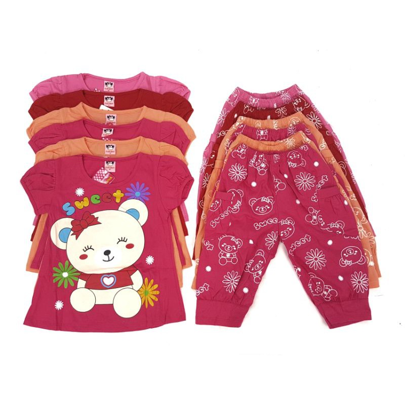 SETELAN FASHION BAJU ANAK PEREMPUAN DONUT 2-6 TAHUN MOTIF SWEET BEAR LENGAN PENDEK CELANA PANJANG