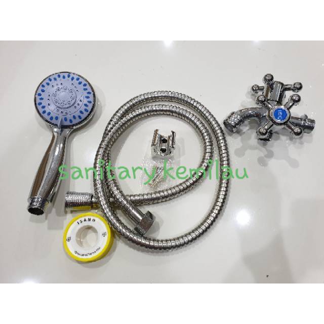 Paket Hand Shower Mandi Set + Kran Tembok Cabang Double Baling Murah + Sealtape