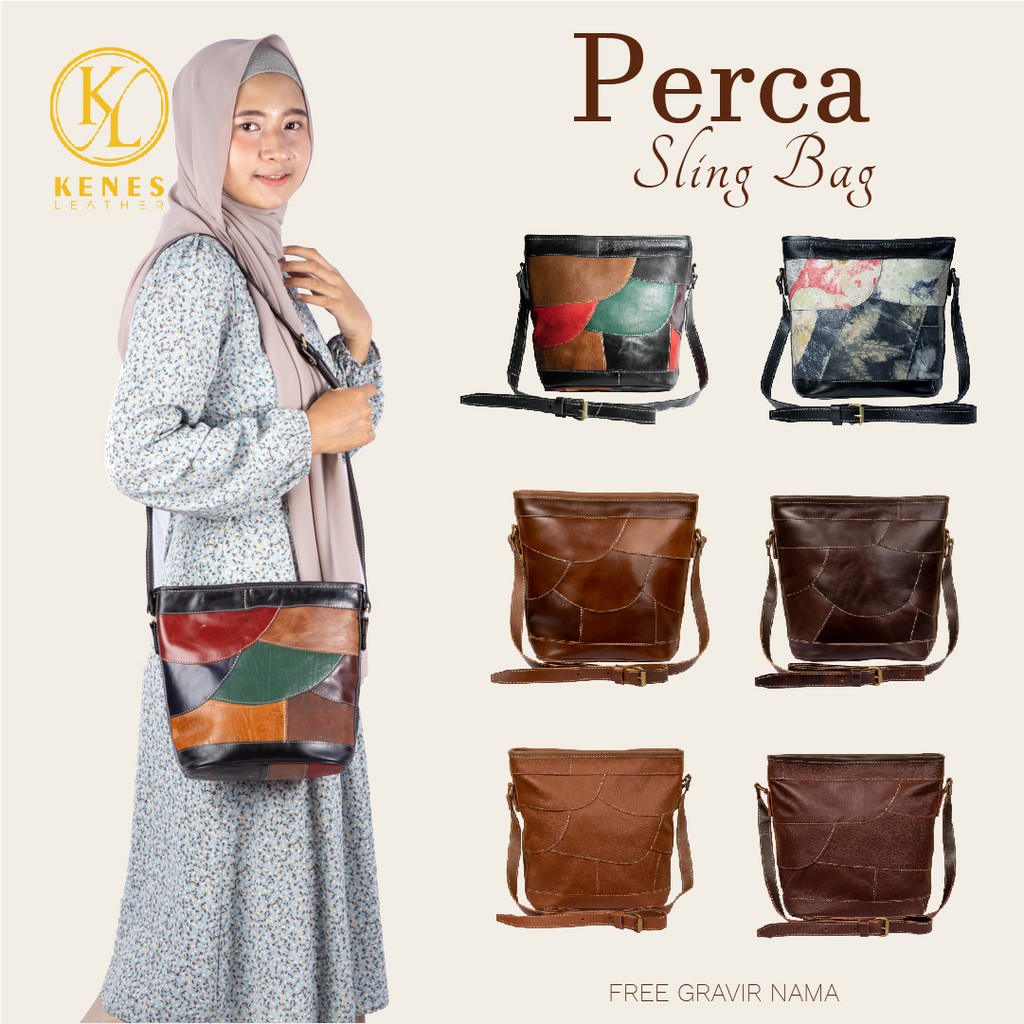 Kenes Leather Sling Bag Wanita Tas Selempang Kulit Asli Perca Mix Pullup - Free Grafir Nama