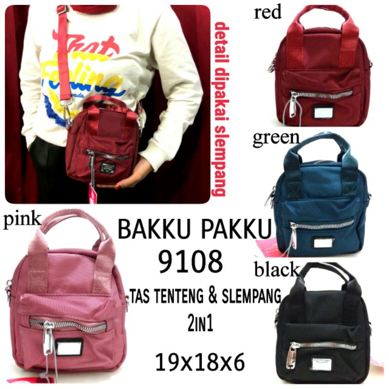 TAS IMPORT WANITA 2IN1 BISA SLING BAG DAN TENTENG BAKKU PAKKU 9108 WARNA PINK MERAH GREEN HITAM TERBARU