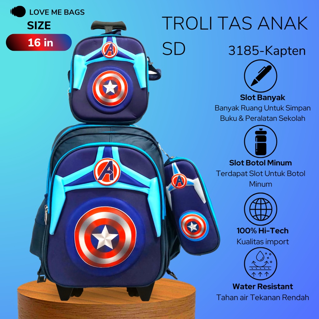 LMB Tas Troli Anak Sekolah Laki Laki SD Import 3in1 Bahan Nilon Premium Bagian Depan Timbul 6D Karakter Superhero Tebal Ukuran Besar