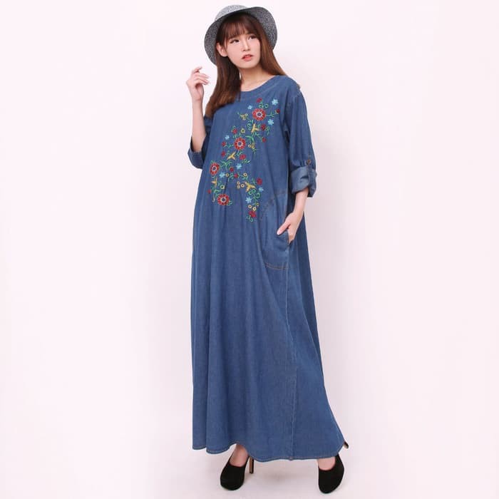 Dress Maxi Gamis Rolanda Longdress Jeans Jumbo Wanita - Biru Muda