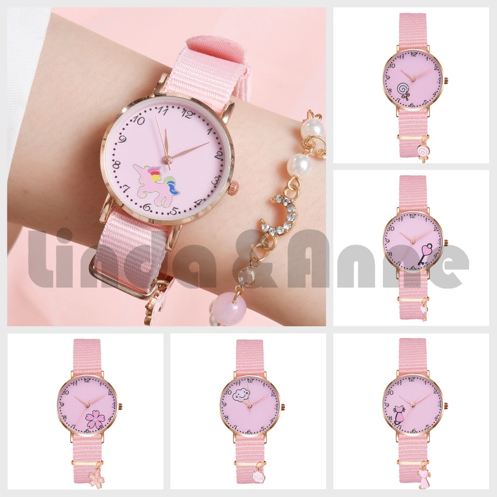 Jam Tangan Wanita Remaja Harajuku Korean Style Strap Canvas Motif Unicorn Fashion Import