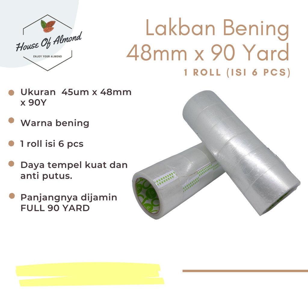 

Lakban Bening 48 mm x 90 Yard (1 Roll isi 6 pcs)