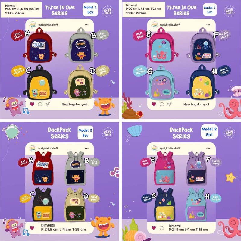 Tas Sekolah Ransel Three in One dan Backpack series by Upright Kids Stuff