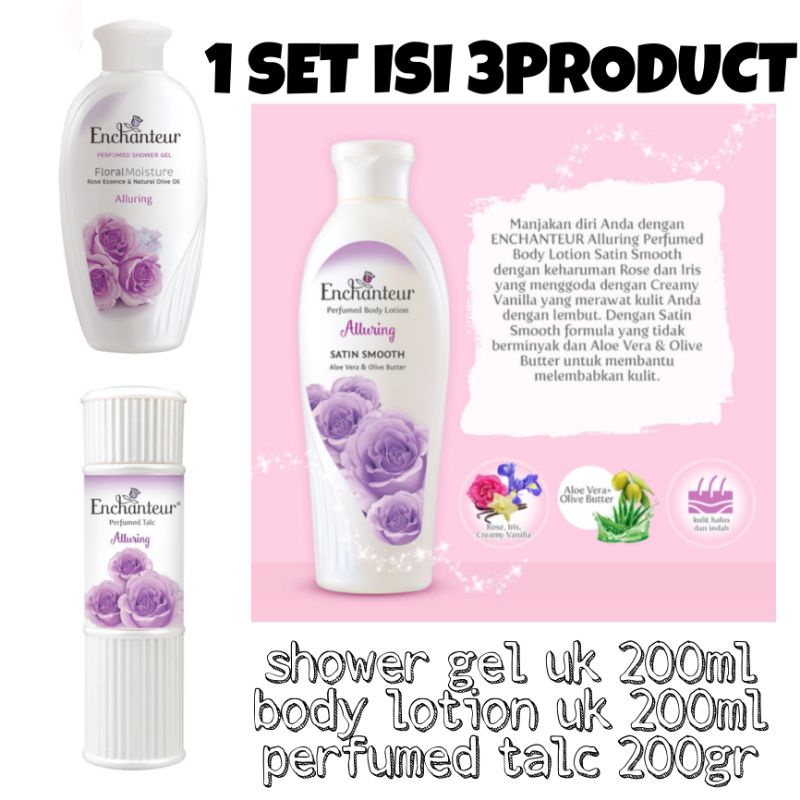 Enchanteur Paket Bundling isi 3 product Body Lotion 200ml | Shower gel 200ml | perfume talc 200gr