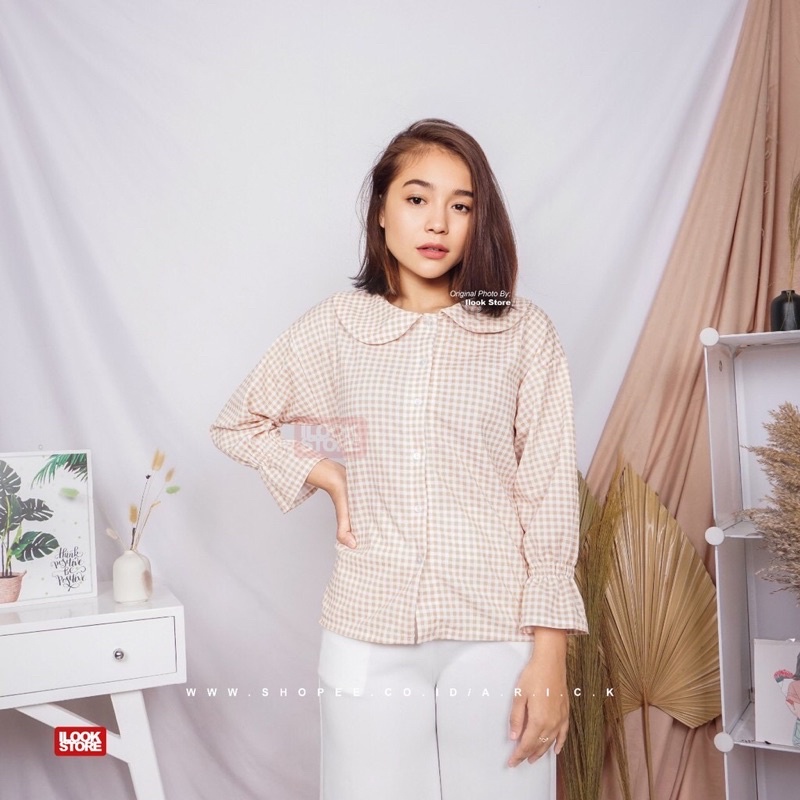 (COD) Blouse Rahel | blouse monez | Blouse Wanita Motif Kotak Bahan Creepe - Fit to L-Rahel - coksu