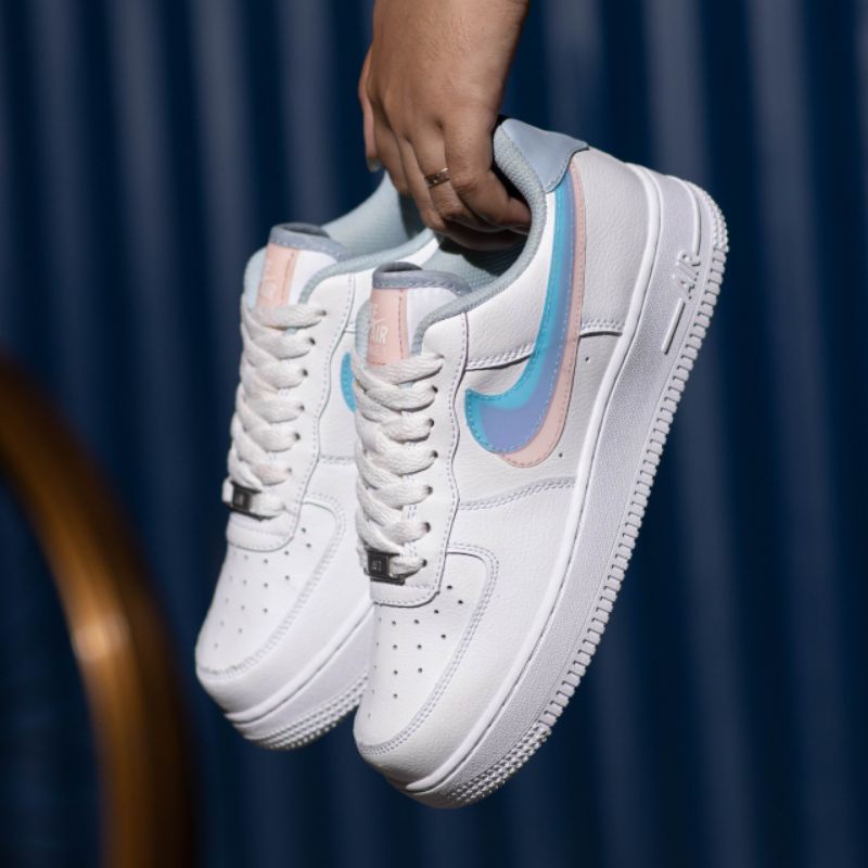 Sepatu Nk Air Force 1 GD Double Swoosh White Blue Peach Original OEM Sneakers Wanita
