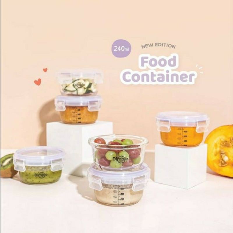 [FREE BUBBLE] Little Dimple Food Container 240ml Wadah Tempat Simpan Makan MPASI Bayi Kaca + Penggaris Ukur Anti Tumpah Aman KUKUSAN