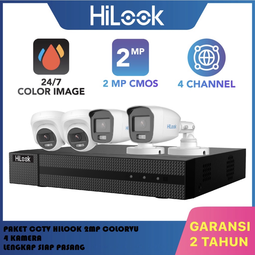 Paket CCTV HiLook 2MP COLORVU 4 Kamera Lengkap Siap Pasang