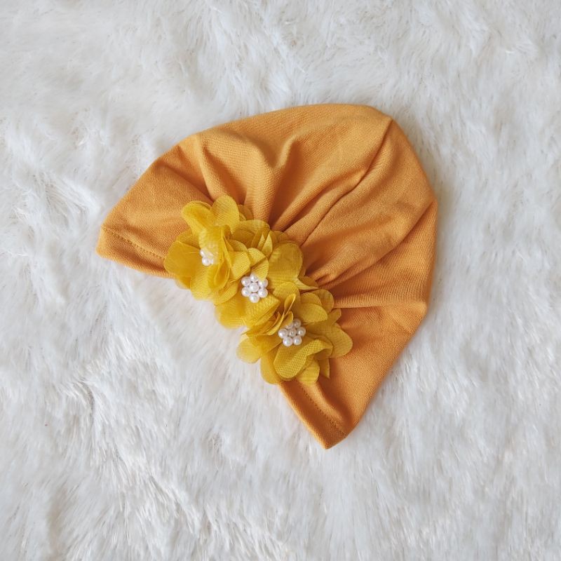 Turban Bayi 0-3th Bunga Besar - Bandana bayi - Kerudung Anak Bayi-Mustard
