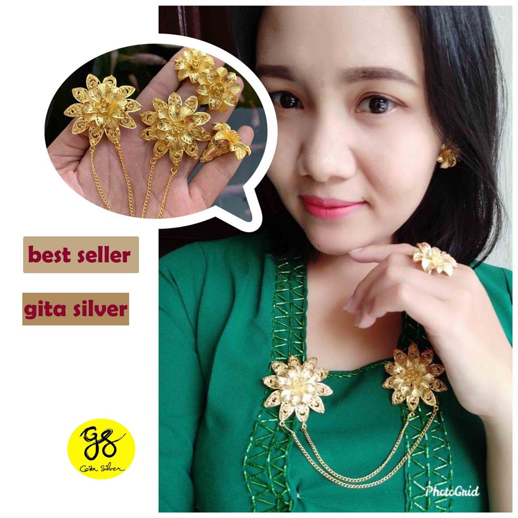 bros alpaka bali set kebaya motif kancing mawar putik polos