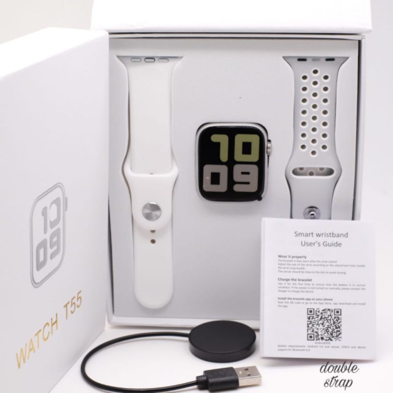 100%ORI COD JAM TANGAN Smartwatch T55 T500 DAPAT 2 TALI bisa telepon Bluetooth ganti wallpaper foto sendiri Notifikasi Sosmed Pemutar Musik Monitor Detak Jantung Tekanan Darah Wanita Pria Cewek Cowok-T55 ABU 2TALI