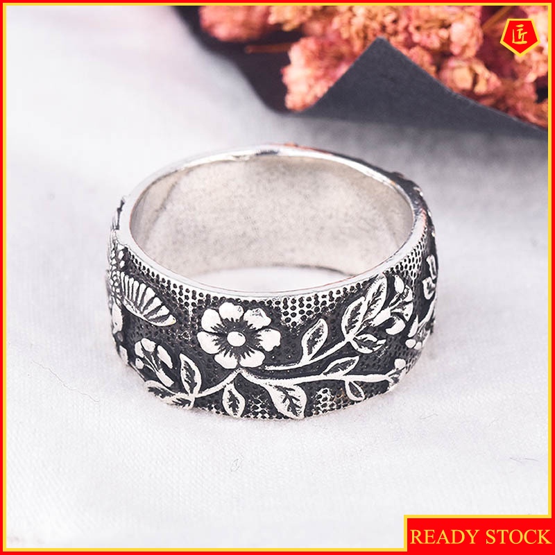 [Ready Stock]Vintage Neutral Silver Black Flower Bird Ring