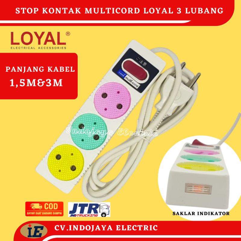 Loyal Yunior Stop Kontak Multicord 3 Lobang Kabel 1,5 Meter Dan 3 Meter+Saklar/Colokan