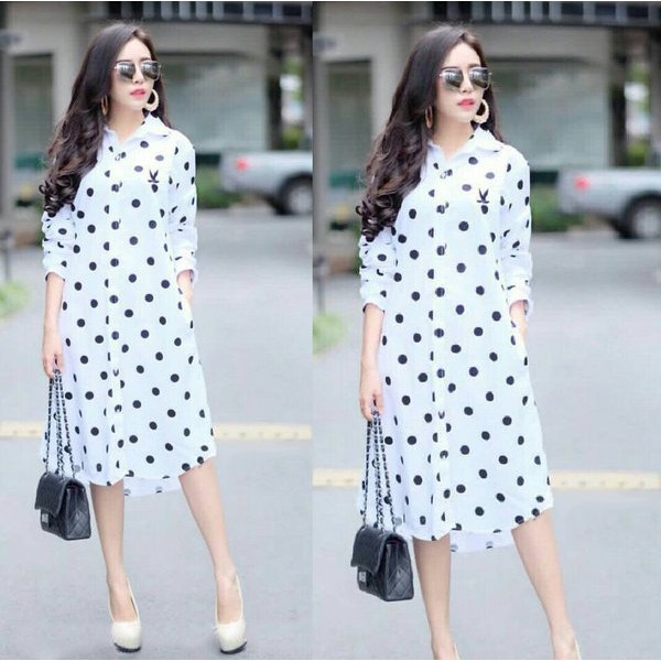 Pakaian Wanita f2sq 1196 birdy polkadot tunik kemeja putih hitam lengan tangan panjang hijab baju