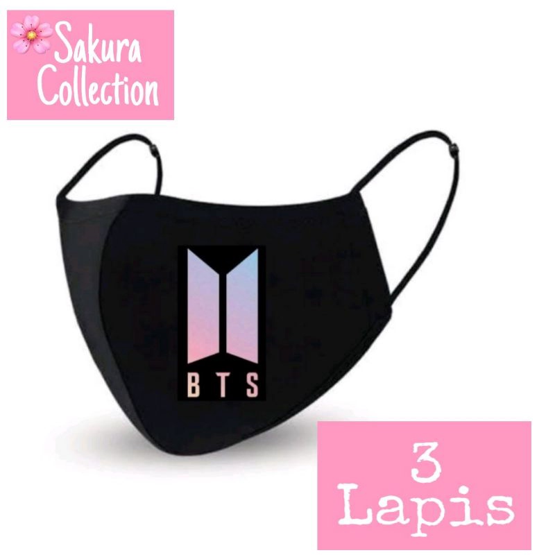 Masker Logo ( BTS / ARMY / K-POP / KOREA) Scuba / kain 3 Lapis 3PLY Earloop Hitam pria wanita anak dewasa ✖️ KN95