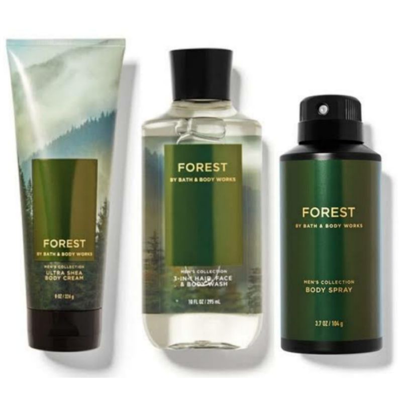 BATH AND BODY WORKS BBW MENS COLLECTION FOREST SERIES BODY CREAM 226 G &amp; 70 G 2IN1 3IN1 HAIR , FACE &amp; BODY WASH 295 ML &amp; 88 ML DEODORIZING BODY SPRAY 104 G MINI COLOGNE 100 G &amp; 15 ML SHAVE GEL 191 G ROOMSPRAY 42,5 G POCKETBAC HANDCREAM 29 ML