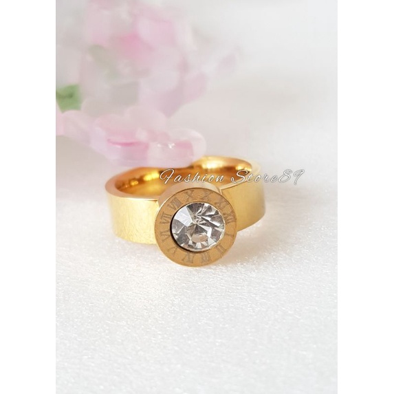 Ready Cincin Import Ring permata tulisan romawi Fashion Branded Titanium Premium gold permata Pria Wanita