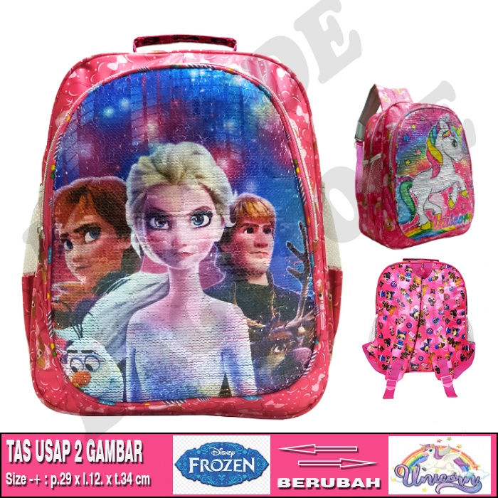 Tas ransel usap Sequin 2 gambar Anak sekolah SD karakter LOL UNICORN HELLO KITTY PONY FROZEN