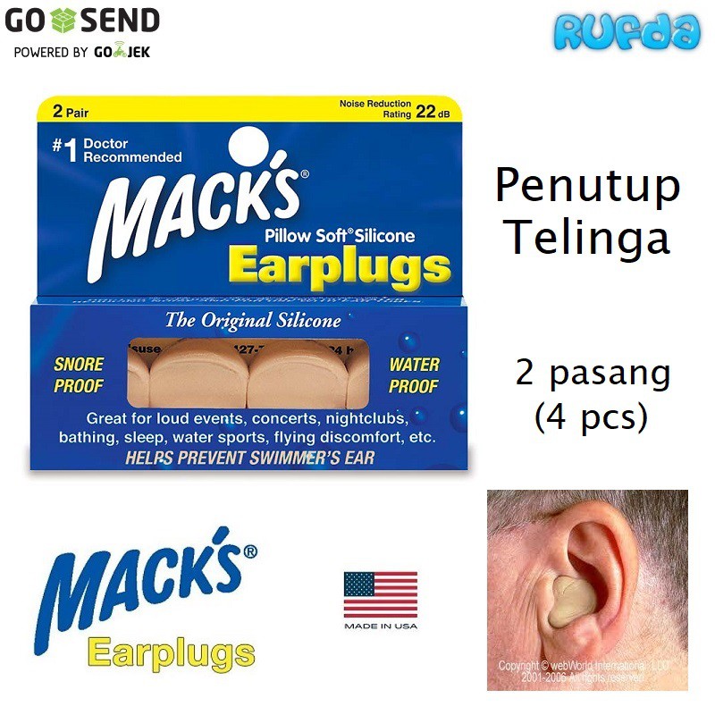 Macks Earplugs Dewasa Pillow Soft Silicone Penutup Telinga Mack's Earplug