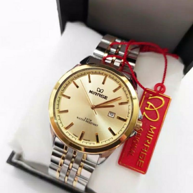 jam tangan pria;MIRAGE M8709BRP-Lkombi~ORIGINAL WATER RESISTANT~TGL~STAINLEES