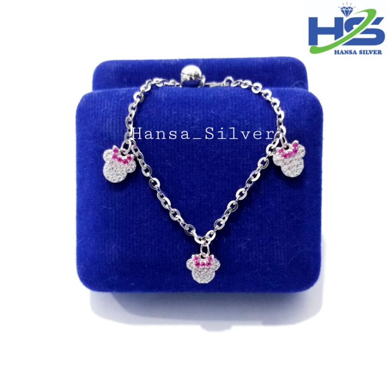 Gelang Perak Anak Asli Silver 925 Lapis Emas Putih Model Rantai Nori Mickey Mouse Permata Pink - Perak Asli 925 Anti karat