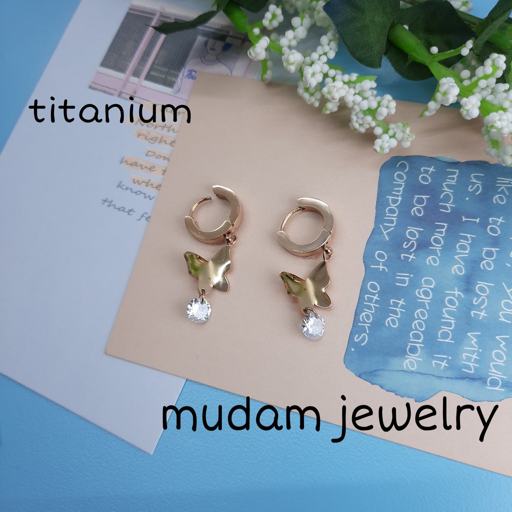 Anting Jepit Titanium Juntai Kupu - Kupu Polos Dengan Bandul Permata Artifisial Warna Rose Gold