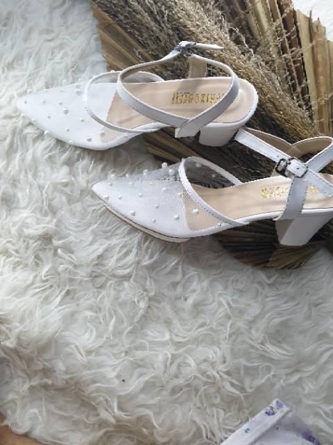 ready stok ya Sepatu high hills wanita mutiara jaring white sepatu cantik purri