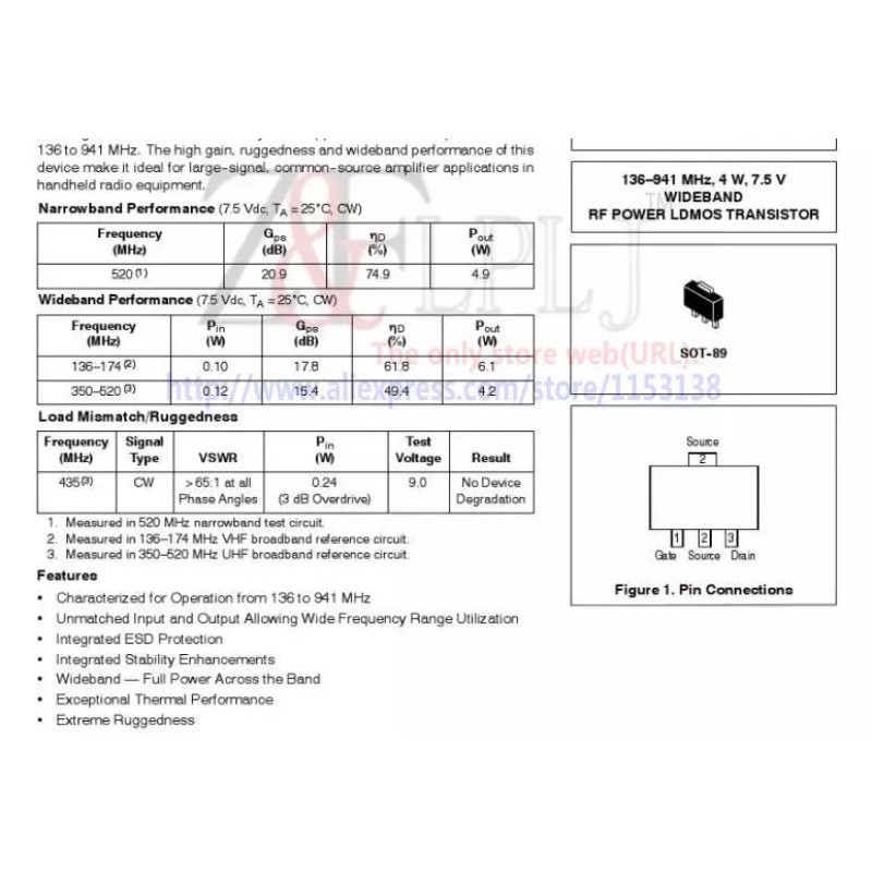 AFT504 Belakang 504 untuk final UV5R 4 W 7.5V Wideband RF Power Ldmos Transistor mosfet