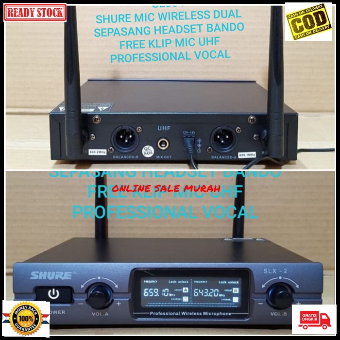 G334 Shure mic wireless sepasang headset bando kuping jepit dual uhf mik wireles klip clip dobel microphone kerah baju tie sepasang profesional pro kancing condesor system sistem vokal vocal panggung dj studio Kancing sensitif aux ceramah pidato acara mee