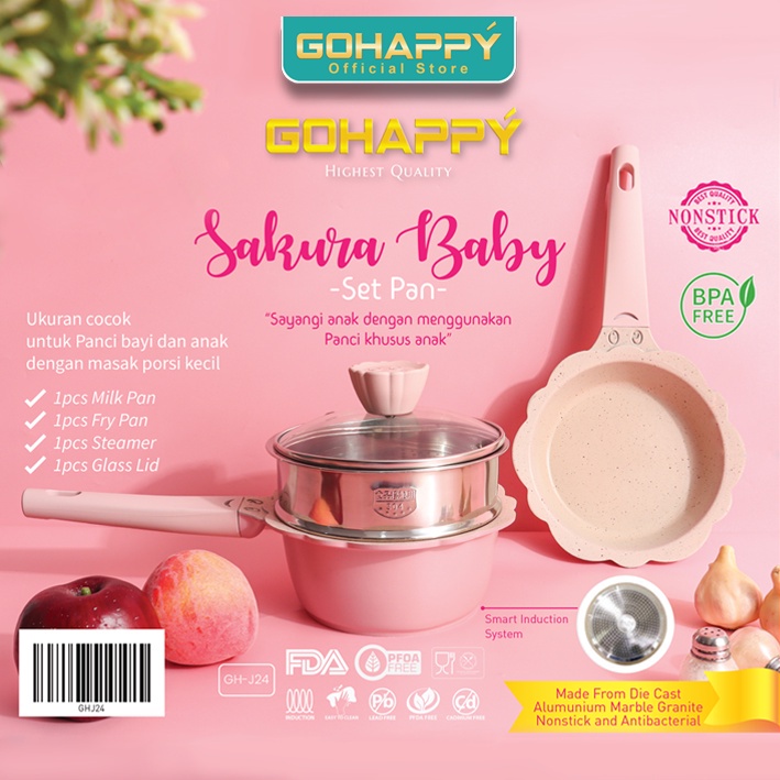 PANCI BAYI GOHAPPY - PANCI SET GOHAPPY Sakura Baby Pan Pink Peralatan anak bayi cookware set - Perlengkapan dapur Sauce pan Fry steamer- ANCI SET BABY FLOWER - WOK PAN FRYPAN PANCI SUSU MPASI BAYI - PANCI KUKUS BAYI - SAUCE PAN - MILK PAN - Panci Set