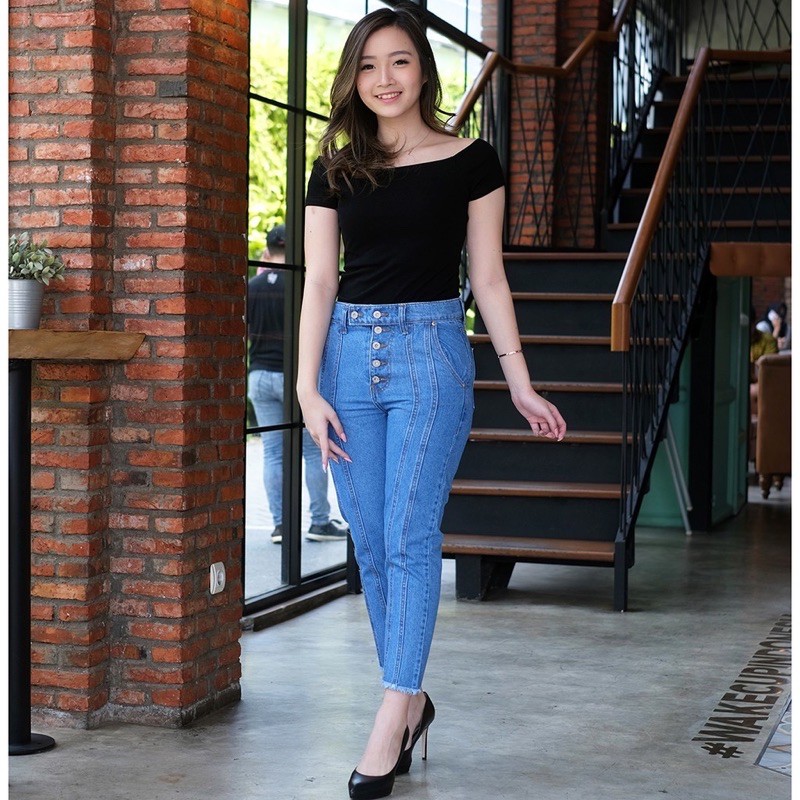 Boyfriend Mella  BOYFRIEND LINE BUTTON JEANS WANITA 27-34 Non Stretch PREMIUM Murah Kekinian