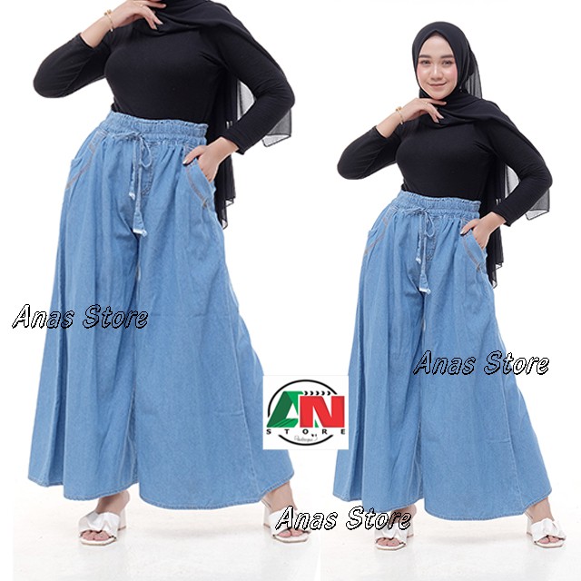 KULOT JEANS JUMBO BIG SIZE XXL , CELANA KULOT WANITA MODEL PAYUNG JUMBO HITAM BLUE BIRU MANIS