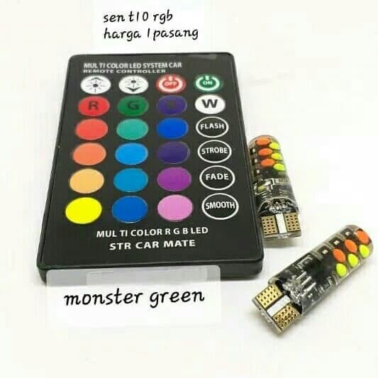 Sein Lampu Sen Senja Socket T10 Remot RGB LED 16 Warna Lampu Monster Green Original Kedip Flash Fade