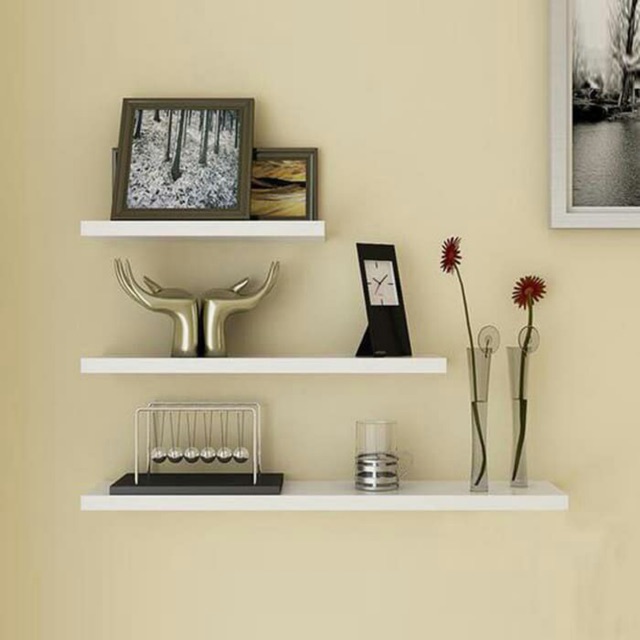 rak dinding flat set minimalis putih nempel kayu  coklat 