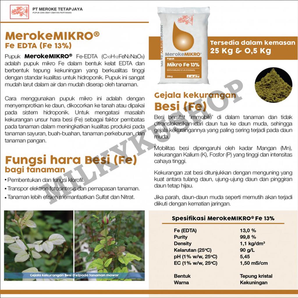 PUPUK MEROKE MIKRO FE 13% EDTA 500 GRAM KEMASAN PABRIK HIDROPONIK