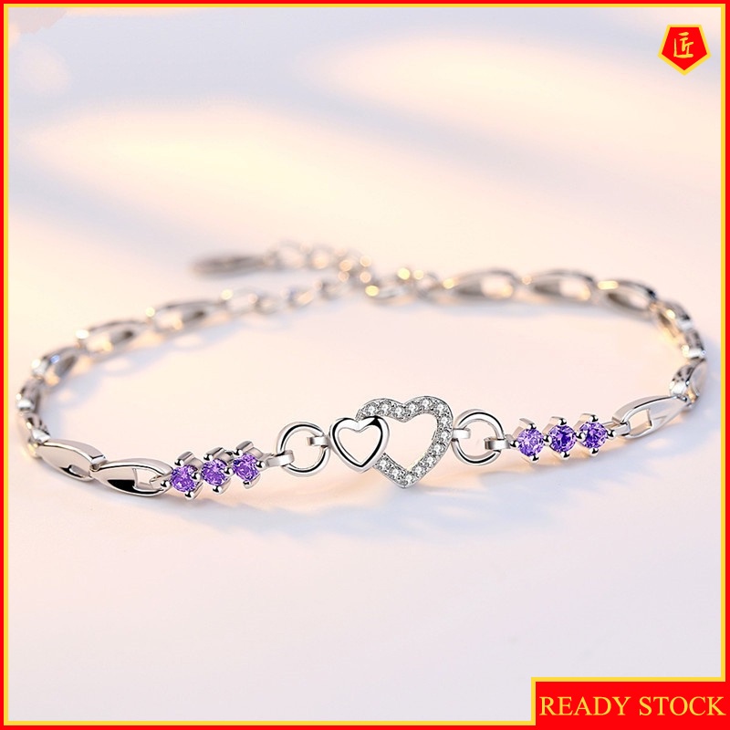 [Ready Stock]Creative Heart-Shaped Amethyst 925 Silver Bracelet