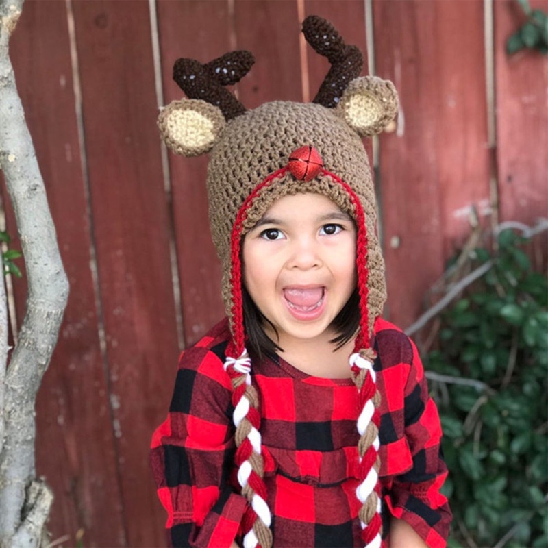 Zzz Topi Kupluk Rajut Anak Laki-Laki / Perempuan Desain Rusa Kartun Anti Angin Untuk Natal / Outdoor