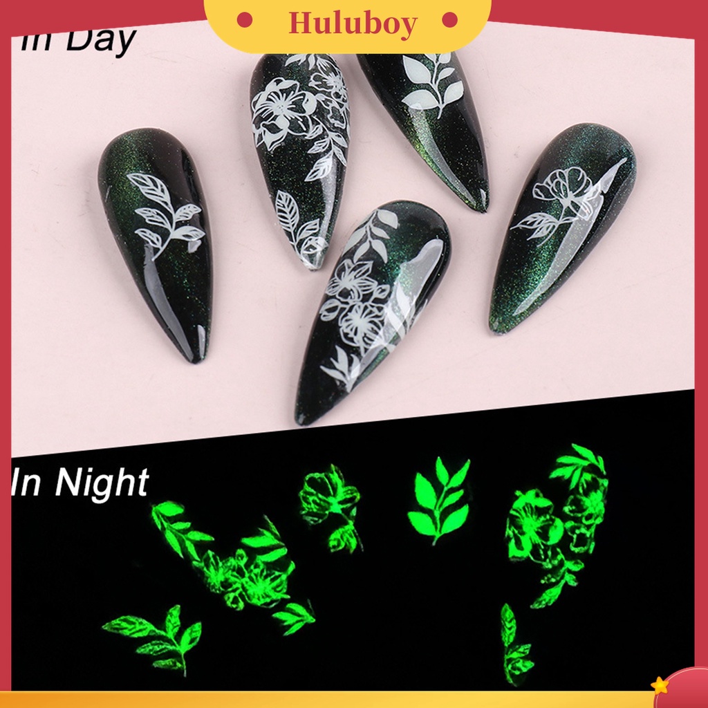 Huluboy Huluboy♡ 9 Pcs / Set Stiker Kuku 3D Glow In The Dark Desain Kupu-Kupu Bunga Slider Untuk Manicure