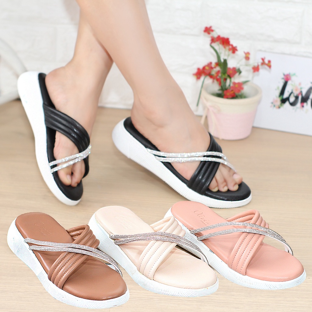Sandal wanita korea terbaru slop silang puffy platform - EMILY