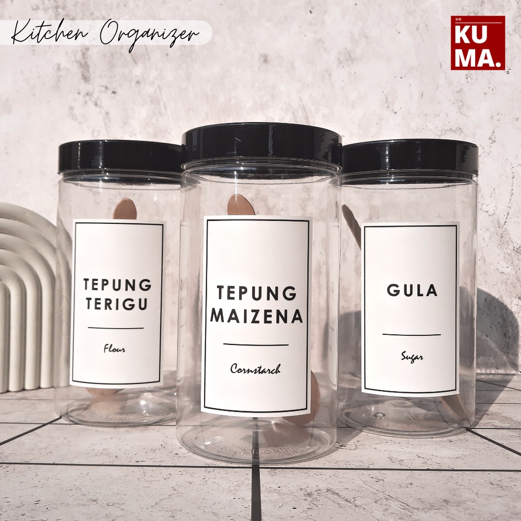 Toples 1000ml TUTUP HITAM Bahan Plastik PET Toples Bening Tepung Gula Kopi Aesthetic Toples Dapur Minimalis Dengan Label Anti Air